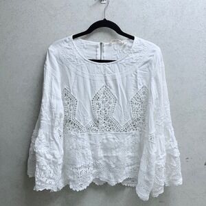 Soft Surroundings M Women White Embroidered Crochet Boho Lace Bell Sleeve Blouse